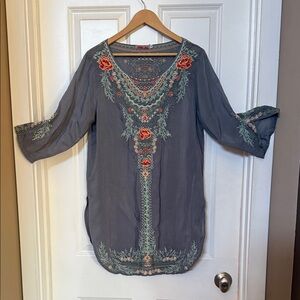 Johnny Was Gray Tunic with orange red soft green Embroidery